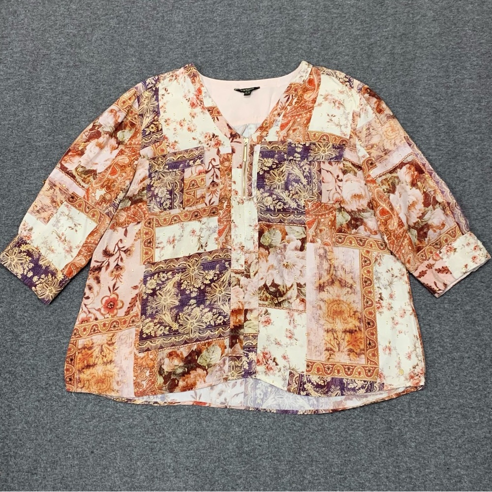 Cacharel Floral Patchwork Zipup Blouse 3/4 Roll Tab Sleeve‎ Gold Accent 2XL